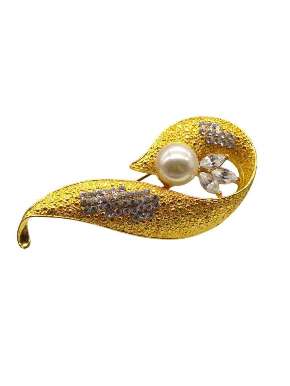 Chic and Fanciful Swirl Brooch, Textured Gold Tone with Clear Pave Crystals